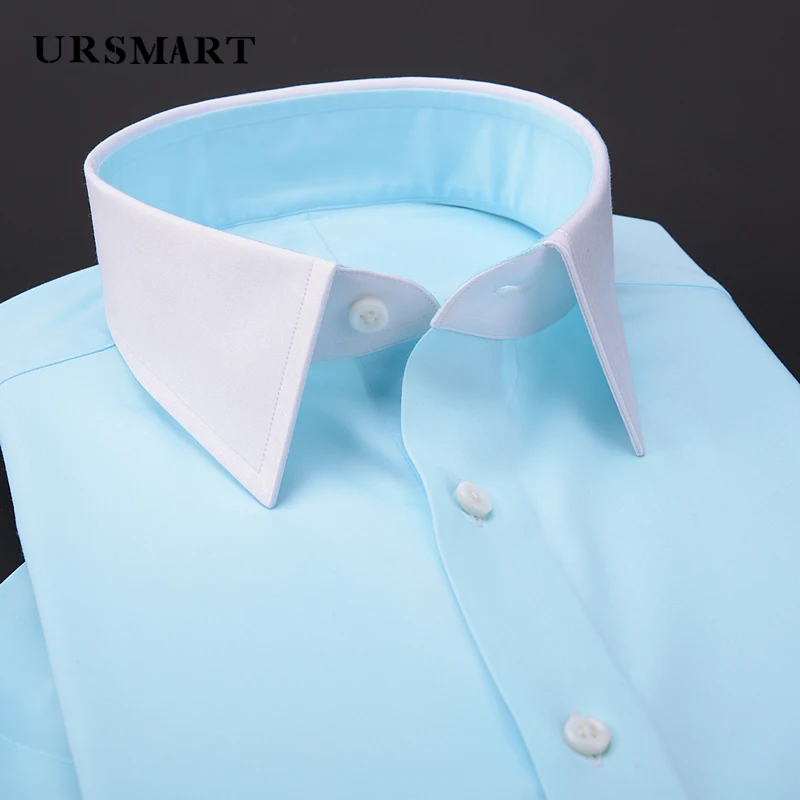 Classic square necked men's short sleeved shirt bamboo fiber no iron summer water blue slim fit light and thin shirt for men