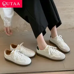 QUTAA 2024 New Women Sneakers Genuine Leather Platforms Low Heel Lace-Up Spring Shoes Woman Casual Leisure Sneakers Size 35-40