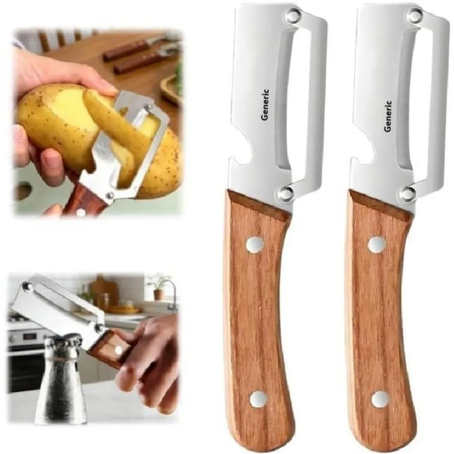 

2 in 1 Multi Functional Vegetable Peeler for Kitchen Vegetable Peeler with Wooden Handle and Bottle Opener, Stainless Steel Bla