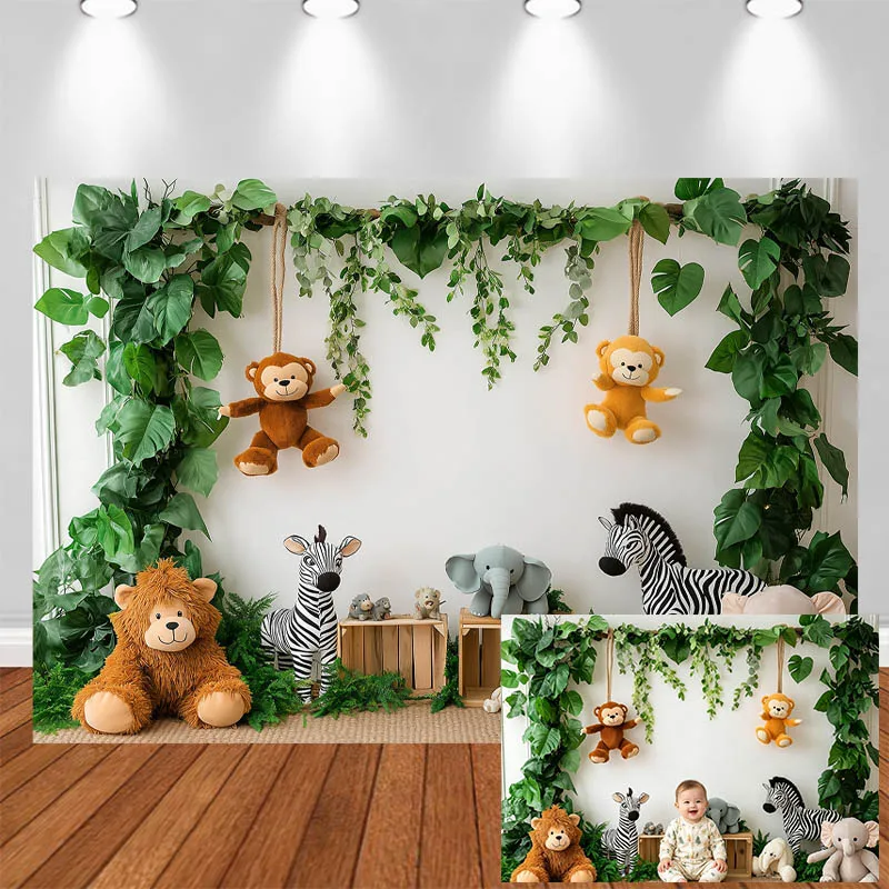 LS Photography Background Monkey Zebra Elephant Decor Birthday Baby Shower Cake Smash Kids Portrait Photo Backdrop Studio