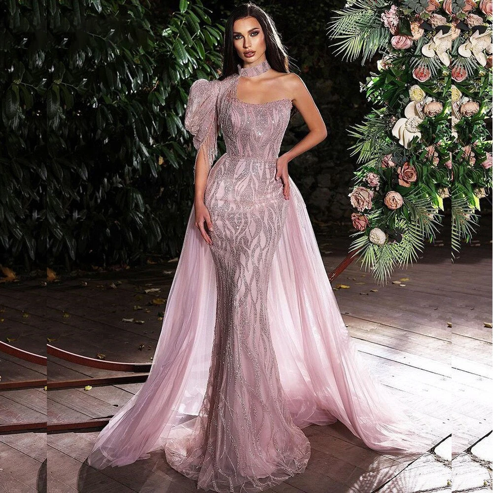 

Detachable Train Elegant Prom Dress For Women One Shoulder Halter Mermaid Tassel Dubai Evening Costume Luxury Gowns 2023