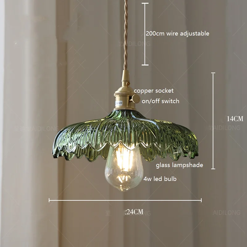 IWHD Nordic Vintage Green Glass LED Pendant Light Fixtures Copper Socket Dinning Room Bedroom Restaurant Modern Hanging Lamp