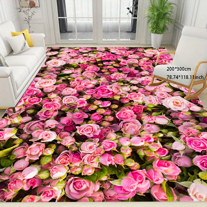 VIKAMA Romantic Rose Floral Area Rug Dense Pink Red Rose Blossom Flower Print Non‑Slip Washable Living Room Home Floor Mat