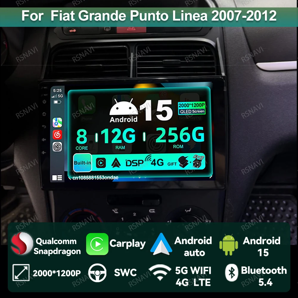 

Автомобильный радиоприемник Android 15 для Fiat Grande Punto Linea 2007-2012 Systems 9/10 дюймов навигация Qualcomm QLED DVD AUTO Viedo плеер BT