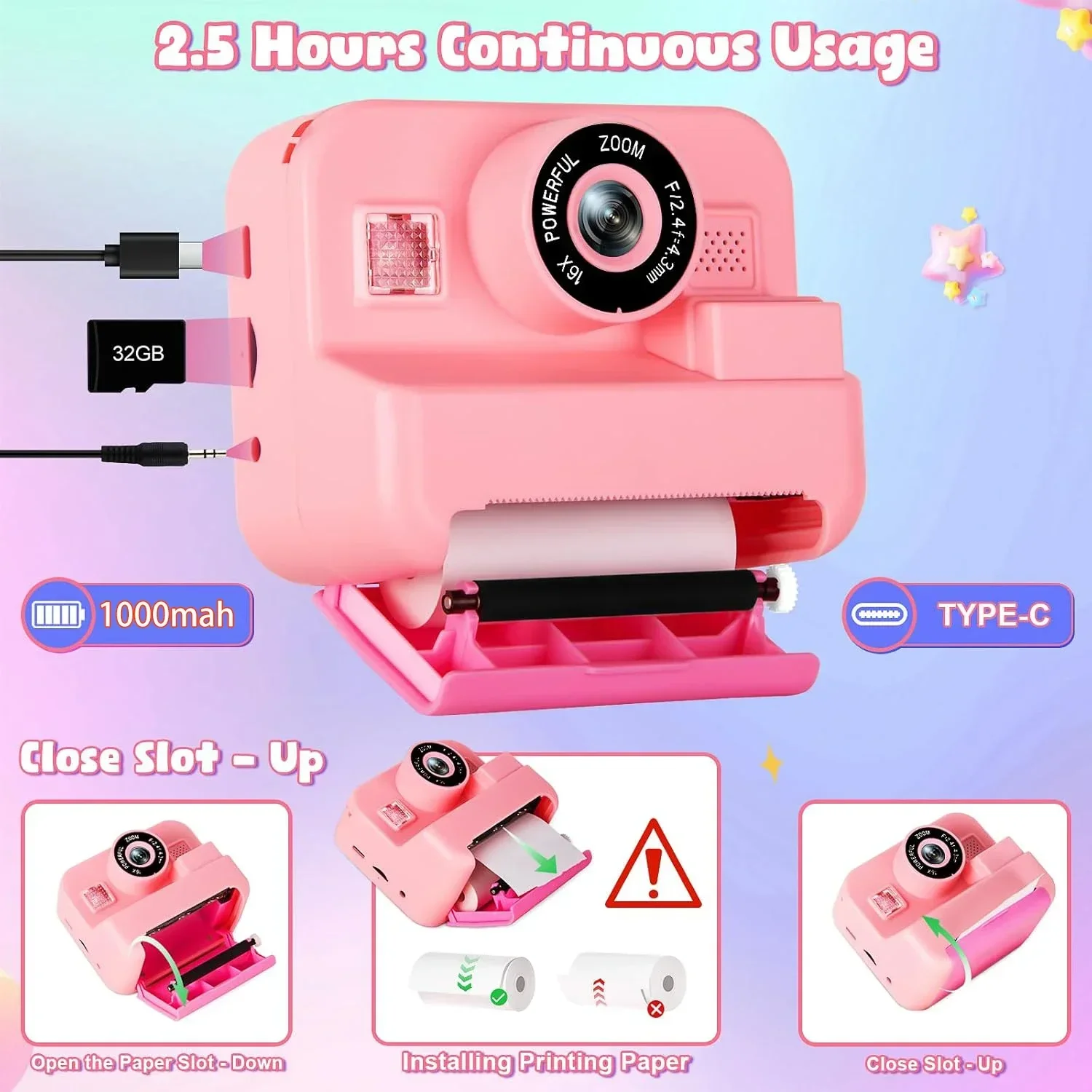 Children Camera with Instant Print and Video Recording, 32G Card, Thermal Printing, Kids Educational Toy Gift