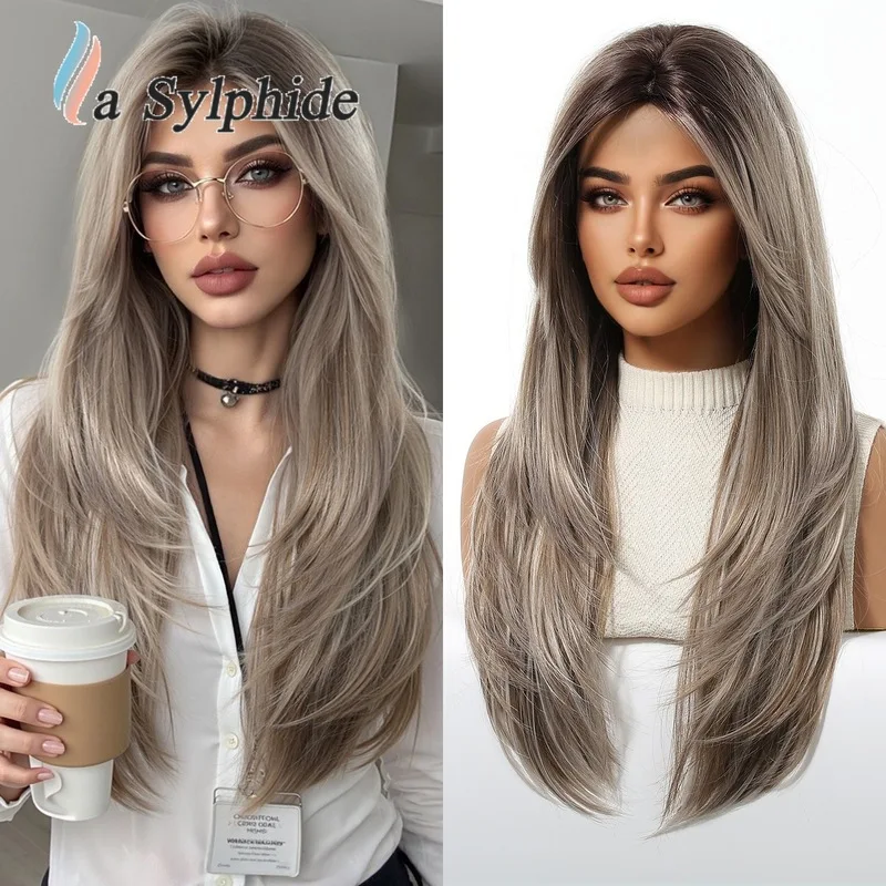 女性用ウィッグ、センターパート、黒茶色の耐熱合成繊維、多層構造のロングストレートヘア、滑らかでしなやか
