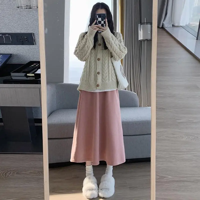 Spódnica w kształcie litery A, bawełniana, z aksamitu, ocieplana polarem, z podszewką, z wysokim stanem, minimalistyczna, z wykończeniem w kształcie litery A, damska, codzienna, zimowa, elegancka sukienka.