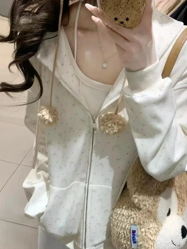 Sweet  Knot Autumn Sle Open Cardigan Faion Floral Zipper New Commute Loose Hoodie Top Outerwear Women's Sweatirt