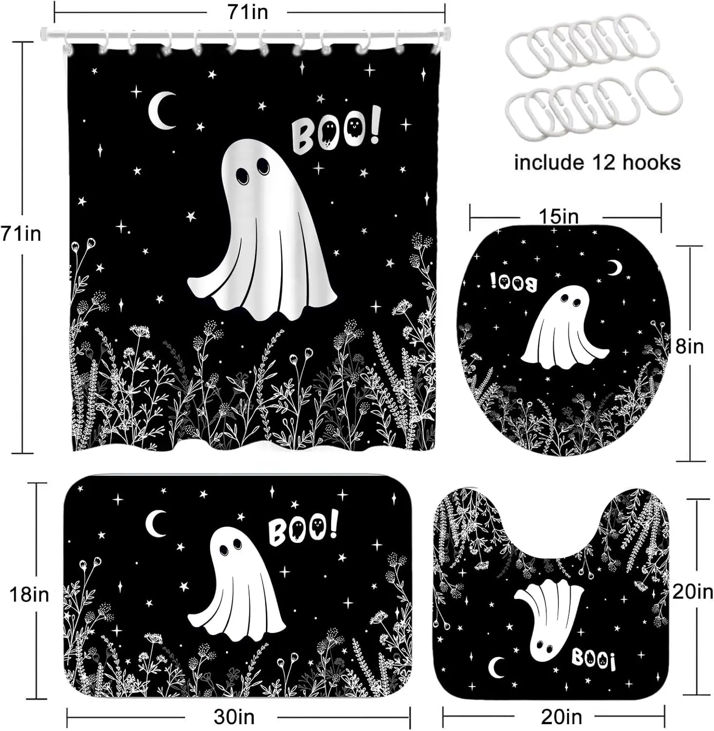 4Pcs Halloween Shower Curtain Set Black Spooky Ghost Shower Curtain Set with Anti-Slip Washable Ghost Bathtub Bathroom
