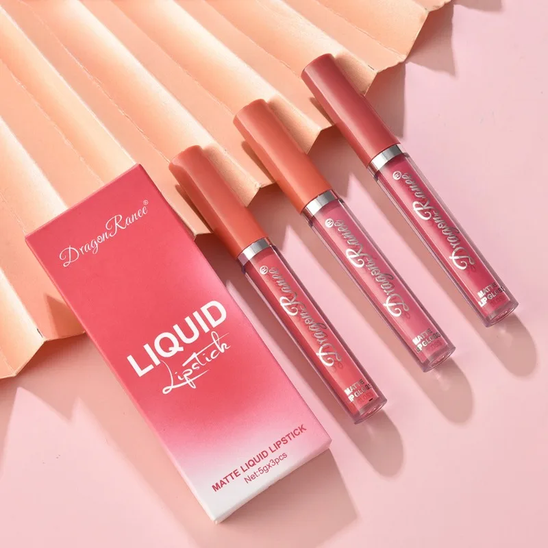 Samt 3-teiliges Set mit Nebelgesicht, matte Lippenglasur, wasserdichter Antihaft-Becher, kleiner orangefarbener Milchtee-Bohne, Sand, Lippenfarbe, Damen-Lippen-Make-up