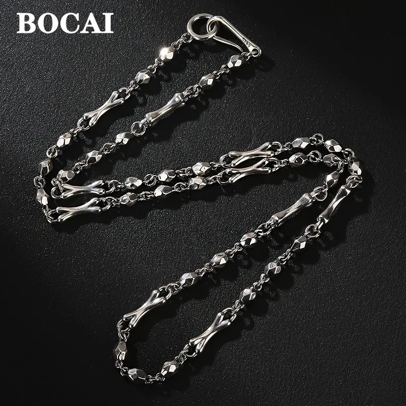 

BOCAI New S925 Silver Jewelry Stone Bone Stick Vintage Punk Collar Chain Hip Hop Street Sweater Chain Fashion Men's Necklace