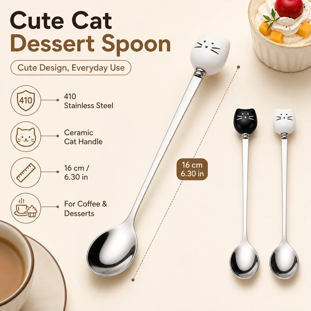 Cute Cartoon Cat Spoon Stainless Steel Handle Food Grade Rice Spoons Ice Cream Spoon Dessert Serving