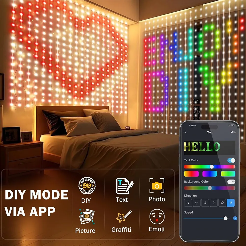 Luces de cortina inteligentes, cortina de luz LED de 400 con aplicación y control remoto, guirnalda de luces DIY para el Día de San Valentín, motel, dormitorio