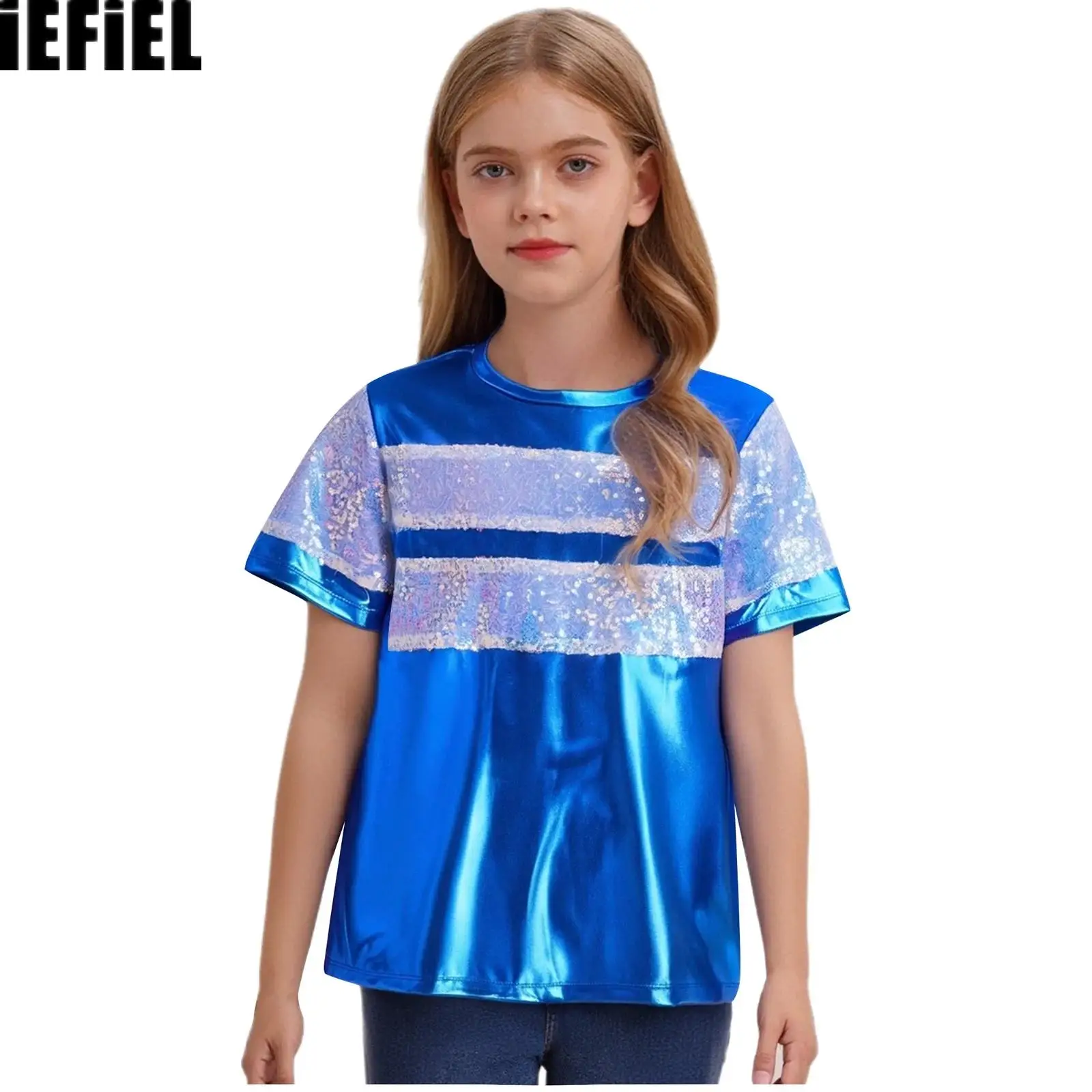 

Unisex Kids Metallic T-Shirt Girls Boys Short Sleeve Shiny Sequins Patchwork Tops for Jazz Dance Stage Performance