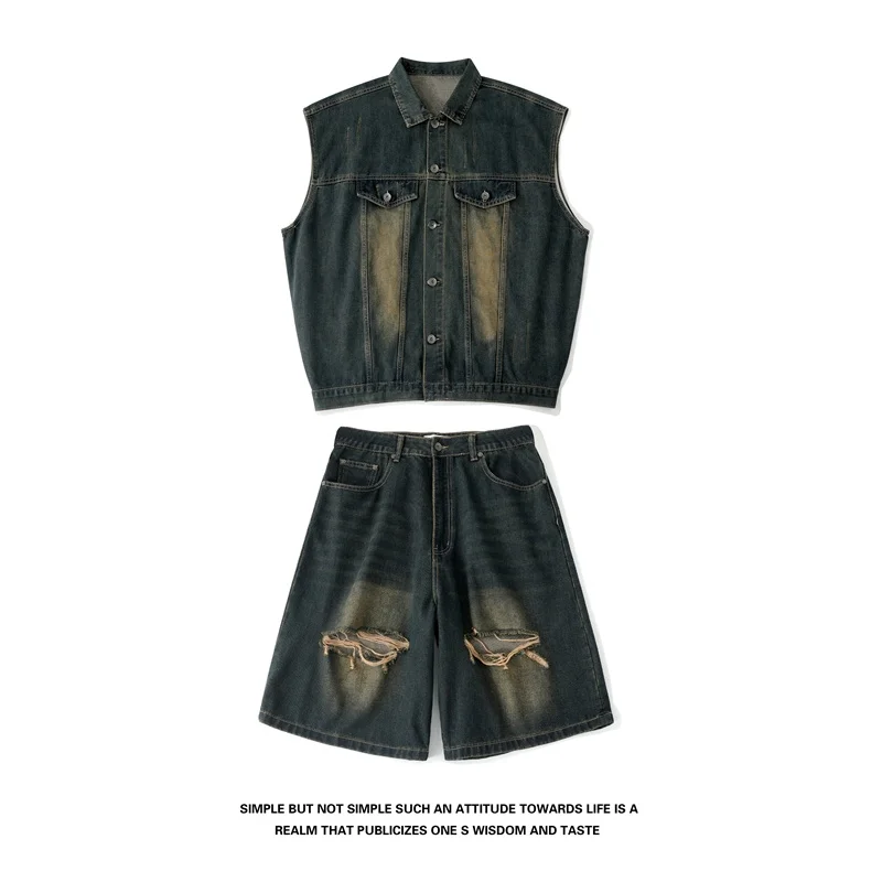 

American Sle Vintage Svel Denim Vest Men Summer Trendy Street Loose Matching Five-Quarter Pants Set Youth Faion