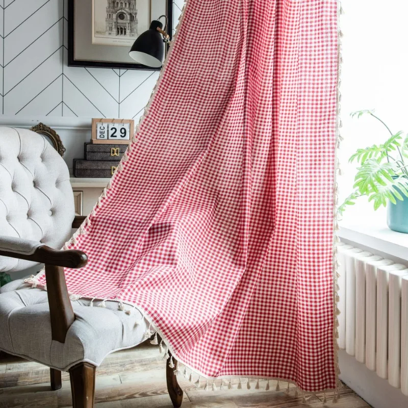 Boho Curtains 1 Panel Plaid Curtains, Printed Cotton Linen Rod Pocket Rustic Farmhouse Bohemian Tassels Curtain