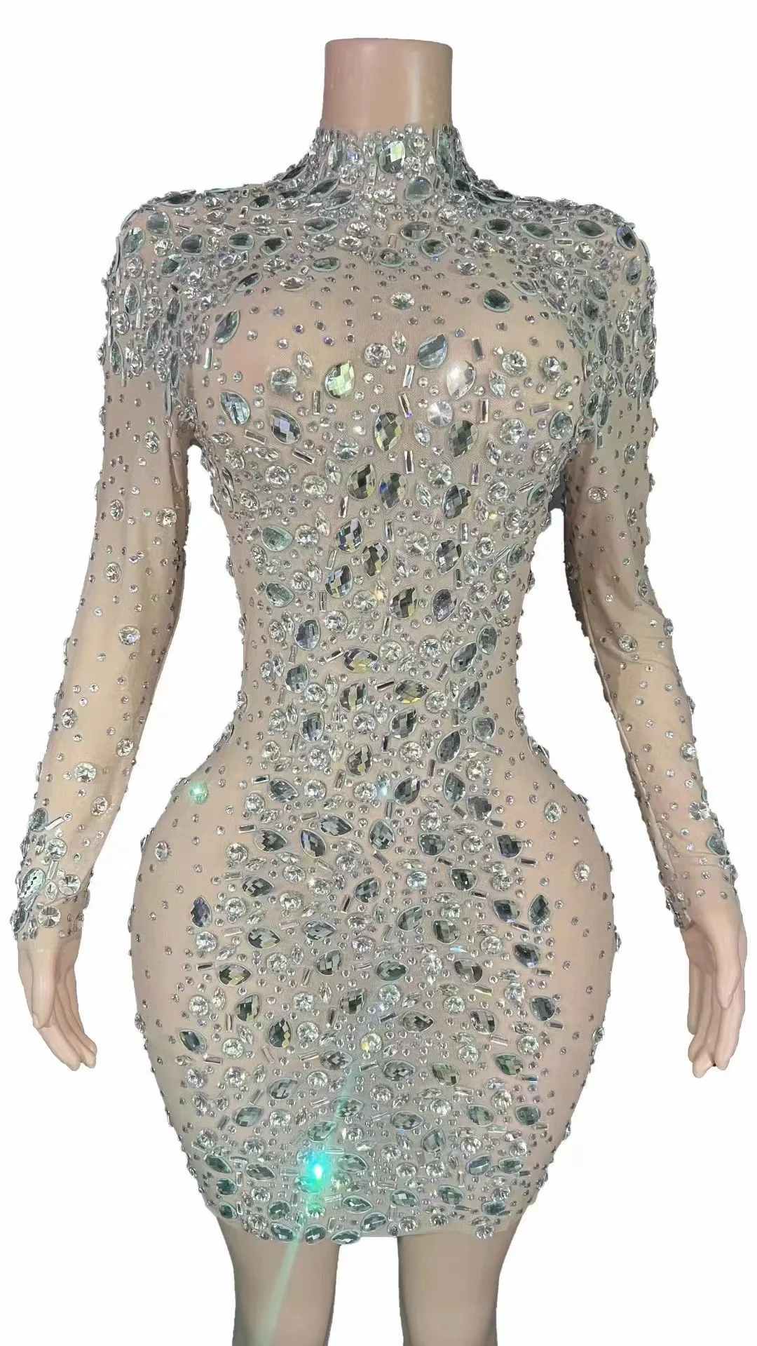 Glister Silber Strass Frauen Abend party mittellanges Kleid Stretch Mesh Perspektive Abschluss ball auf der Bühne Sänger Geburtstag tragen Kleid