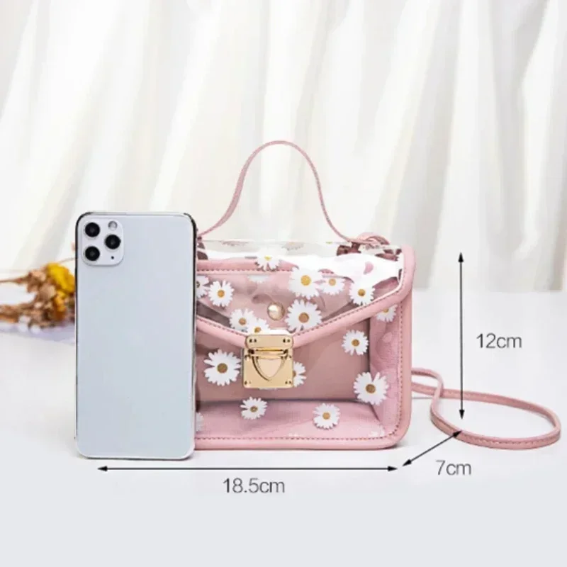 Fashion Transparent Daisy Pattern Shoulder Bag for Women Crossbody Casual Trendy Phone Chain Bag Handbag Designer 2pcs Set Bags