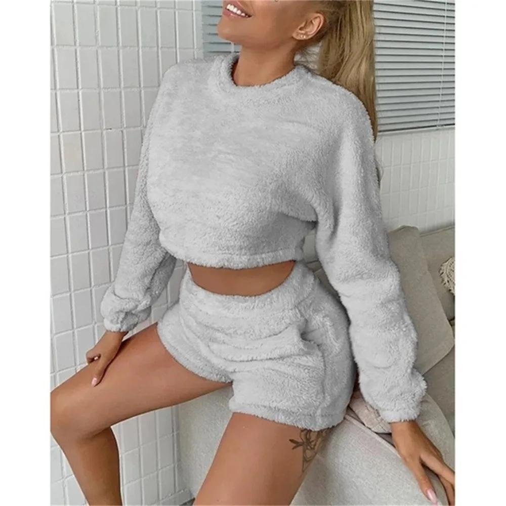 2 Pieces Sets Sexy Fluffy Pajamas Set Velvet Plush Pullover Sleepwear Women Long Sleeve Crop Top + Shorts Casual Autumn Homesuit