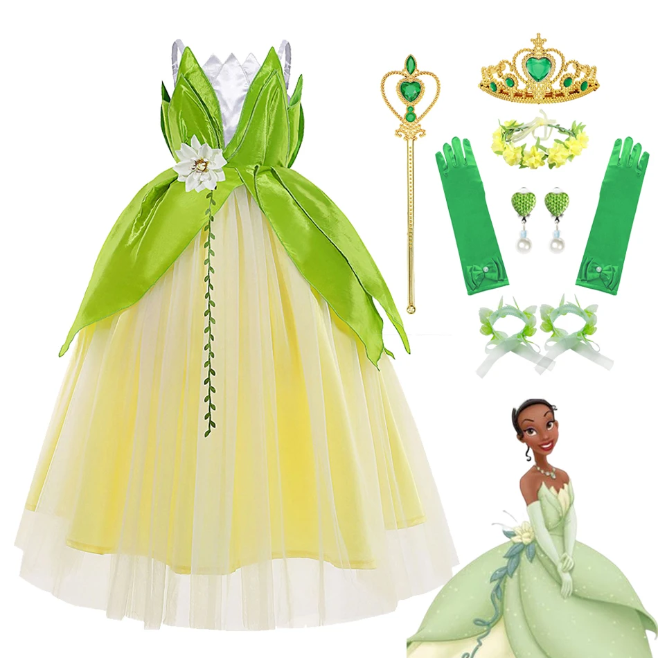 

Disney Tiana Princess Cosplay Dress The Princess And The Frog Anime Movie Role Play Clothes Halloween Carnival Dress Up Costume