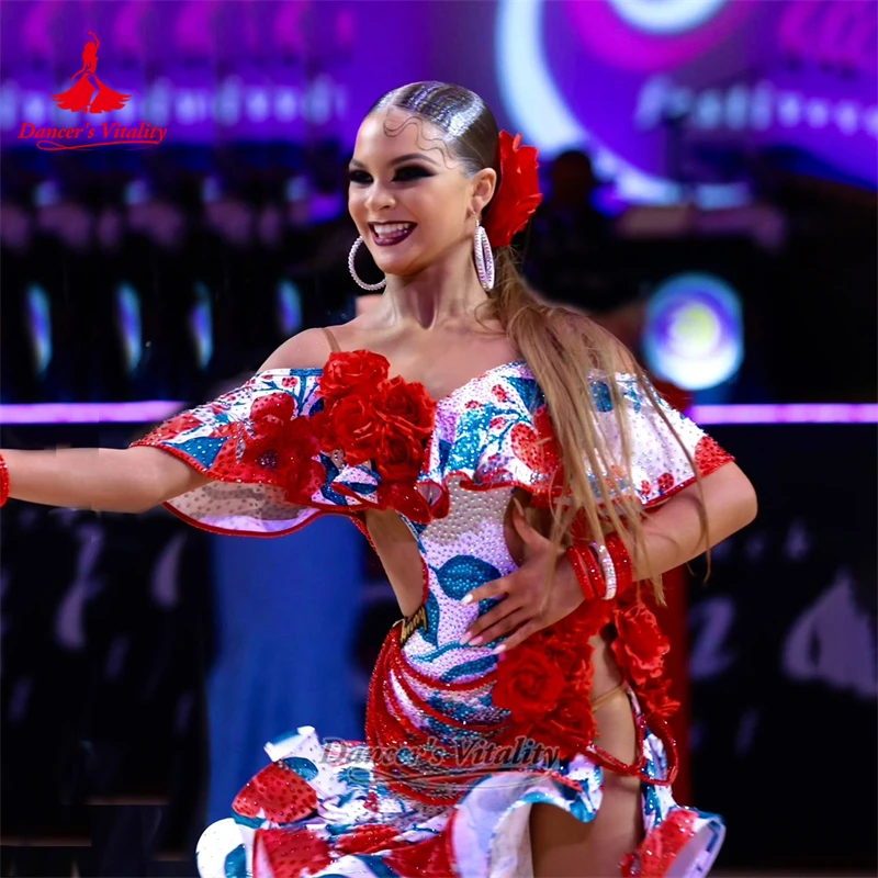 Adult Sexy Latin Dance Dew Shoulder Dresses Teenagers Samba Chacha Contest Sleeveless Clothing Customize Size Dancer's Vitality