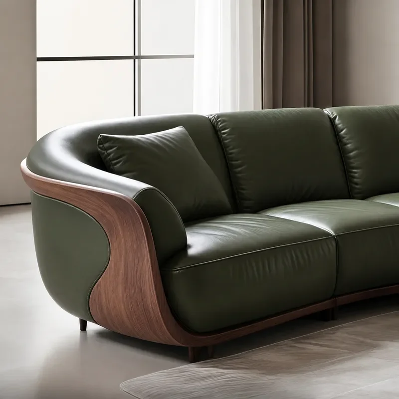New Chinese Style Solid Wood Sofa Light Luxury Straight Row Green PU Leather Living Room Small Apartment Modern Simple