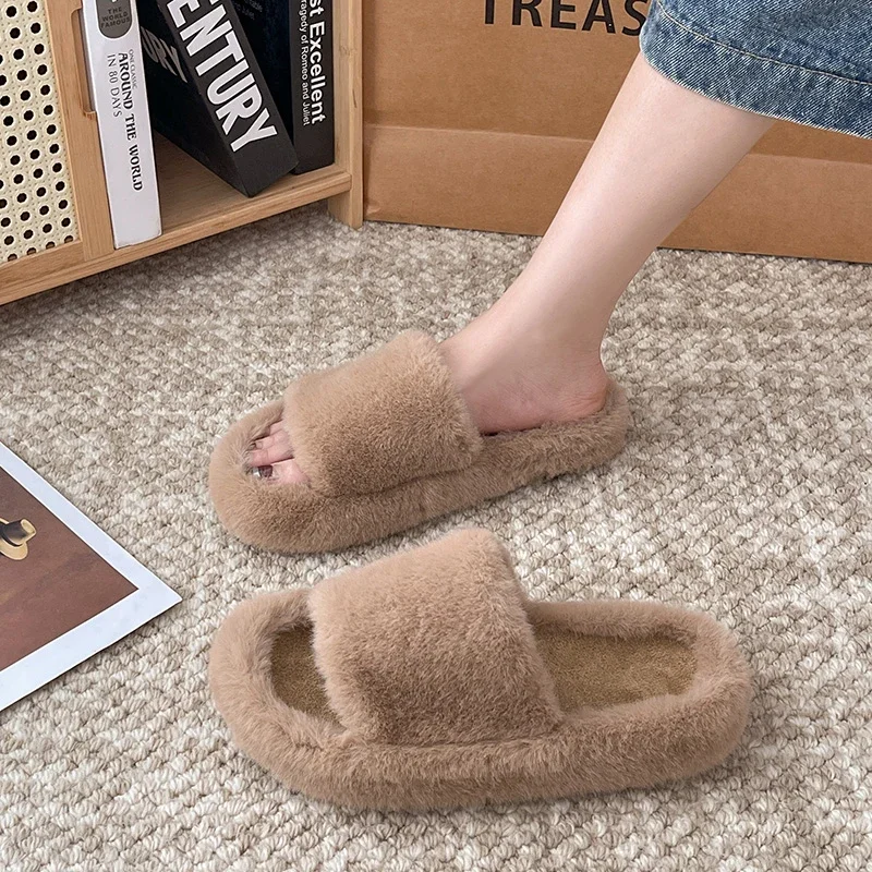 Home Slippers Women\'s Platform Shoes Female Lady Fur Flip Flops Slides 2024 Soft Plush Cotton Indoor Winter Flats