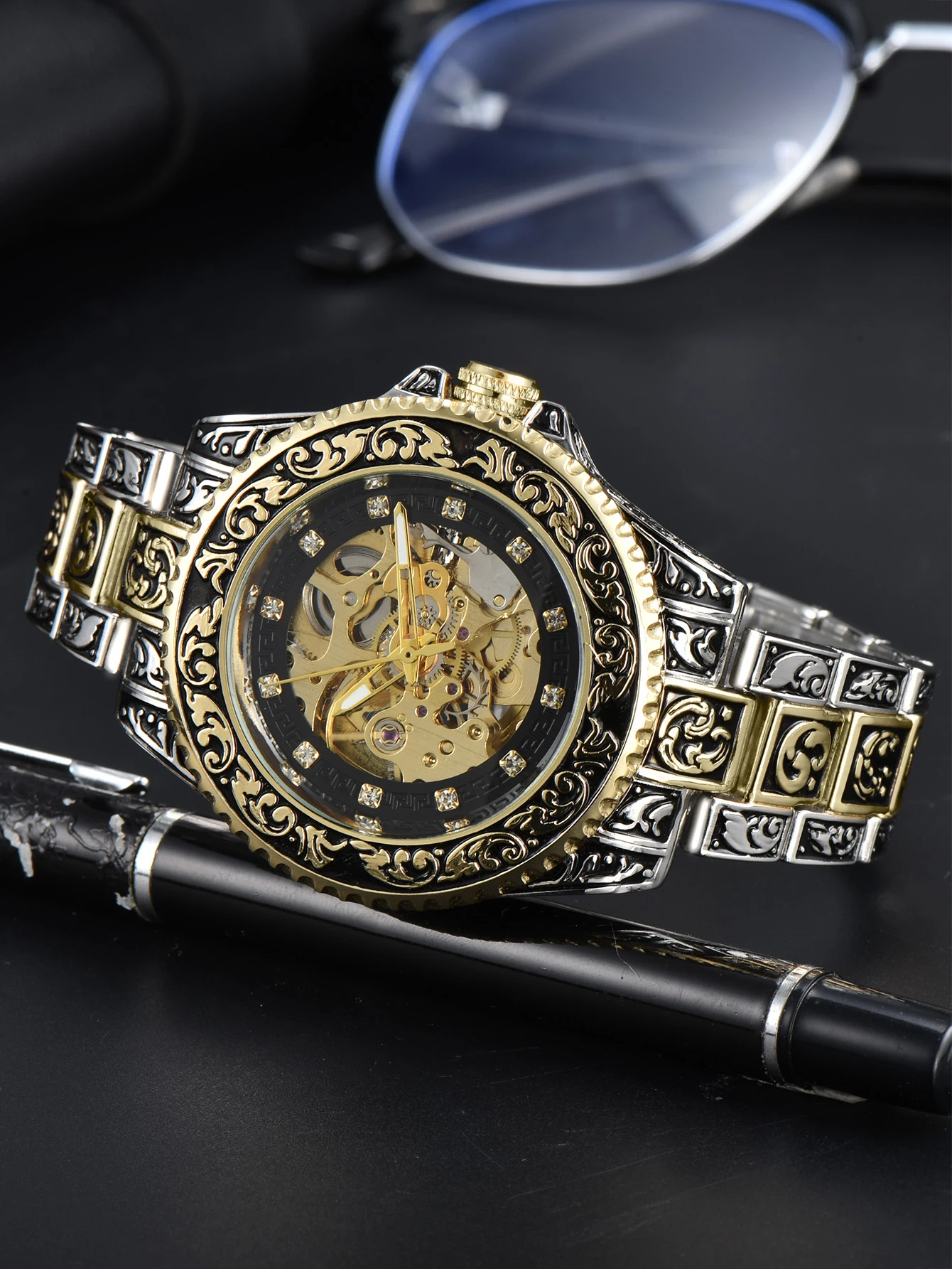 LONGLUX automatic watch luxury wholesale mechanical wristwatches stainless steel carve waterproof no logo mens watch men gift