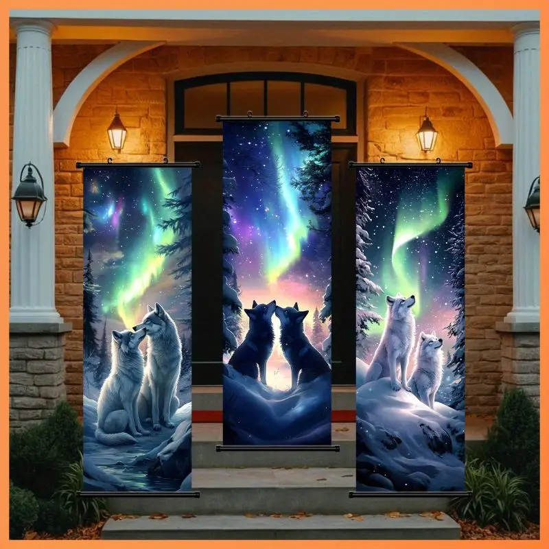 VIKAMA Aurora Canine Pack Wall Tapestry Snow White Wolf Northern Lights Forest Scroll Art Home Decor Modern Style Soft Durable