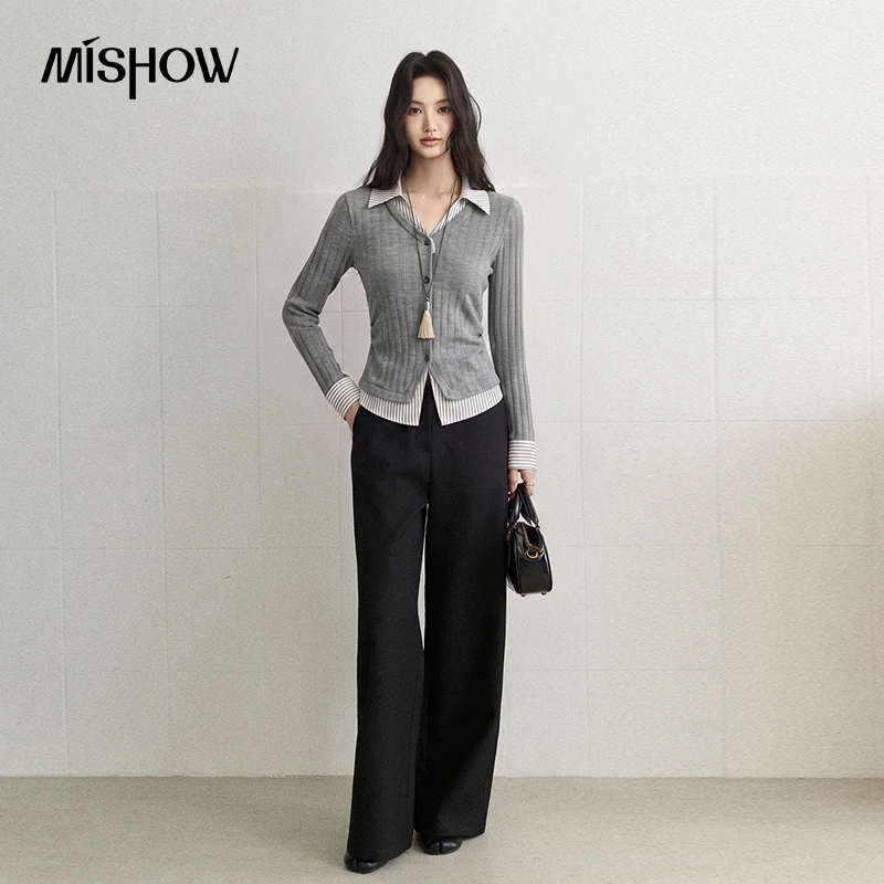MISHOW Women's Fake Two‑Piece Knit Shirt 2026 Autumn Striped Lapel V‑Neck Long‑Sleeve Top Elegant Slim Casual Top MXF43C2558