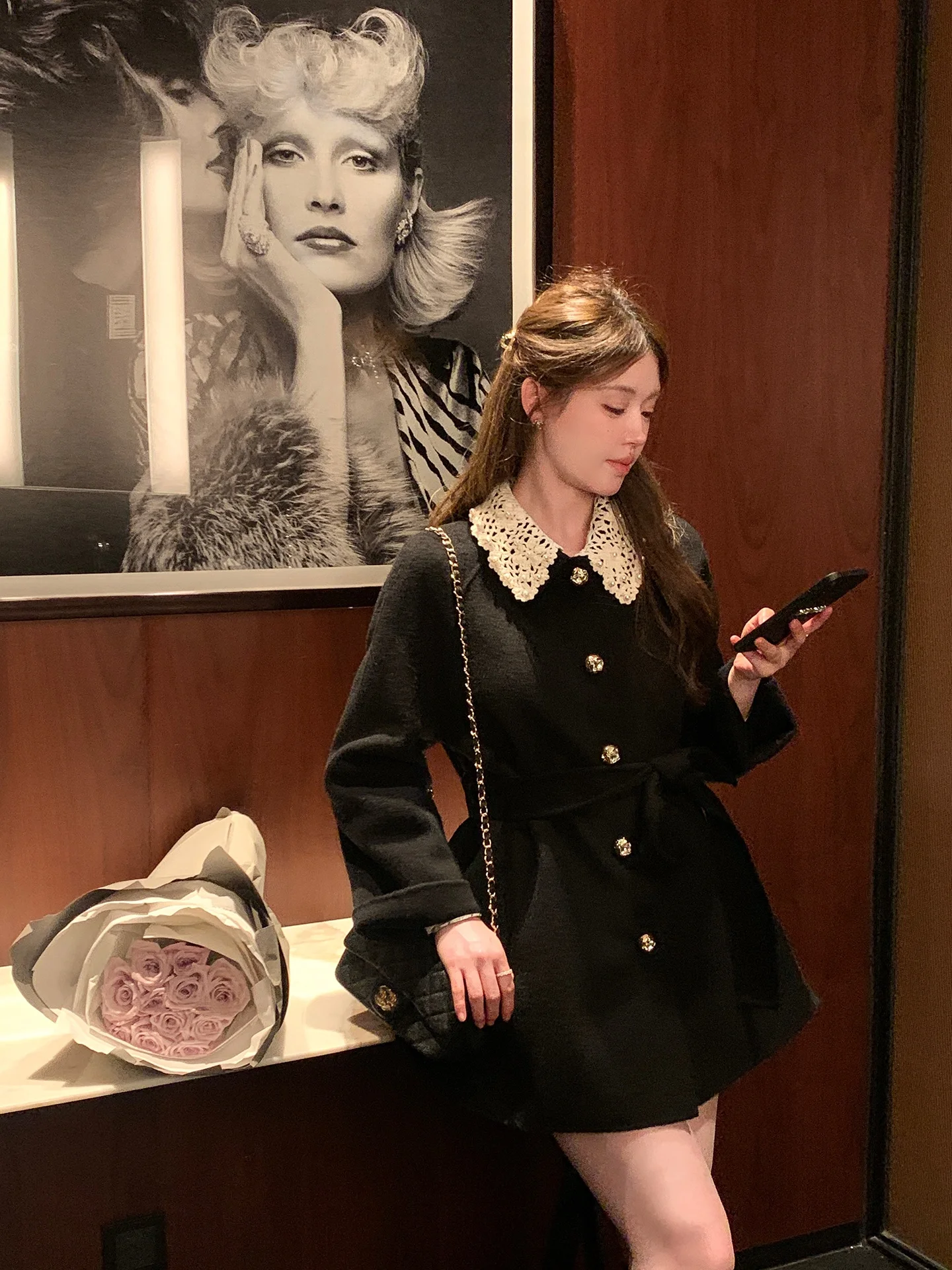 

Double-Faced Woolen Miu Sle ort Coat Women's Faion Luxury Light Wheat Color Turn-down Collar Winter Outerwear Coat