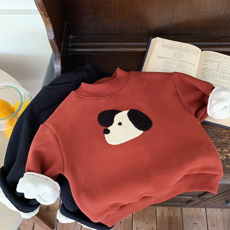 가을 겨울 어린이 소년 스웨터 만화 인쇄 플러스 벨벳 두꺼운 면화 유아 소년 풀오버 어린이 소년 따뜻한상의