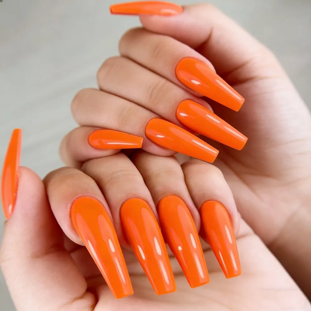 

Long Square Ballet Press on Nails Orange Full Cover Glossy False Nails Fashion Reusable Fake Nails for Girls