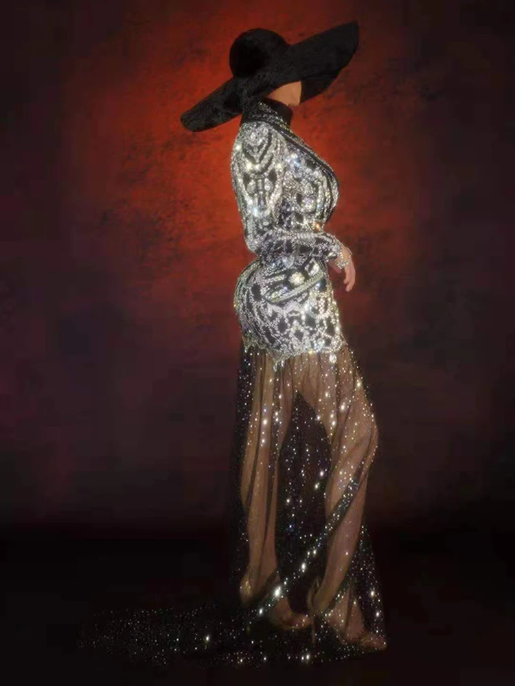 섹시한 딥 브이 넥 반짝 이는 전체 라인 석 정장 메쉬 트레일링 드레스 생일 파티 이브닝 ​​드레스 가수 무대 의상 yj119