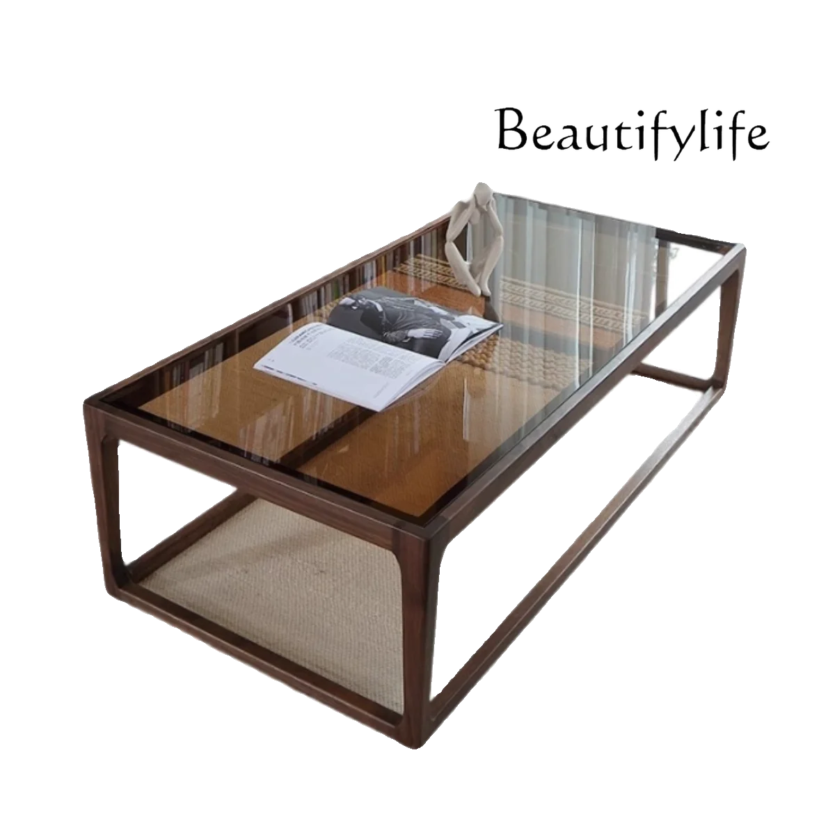 

North American black walnut furniture living room rectangular transparent tempered glass coffee table solid wood Nordic