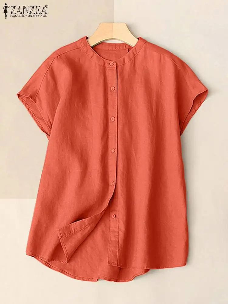 ZANZEA-Blusa de manga corta con cuello redondo para mujer, camisa informal de Color liso, elegante, para vacaciones y playa, verano, 2023