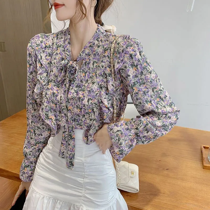 Women\'s Simplicity Office Lady Printed Bow Blouse, Temperament Casual Loose Tops, Spring and Summer Clothes, New Style Fashion