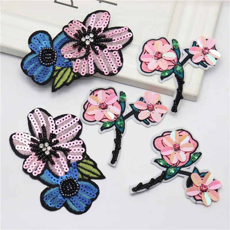 Cute Pink Flower 3pcs/Lot Sew On Sequins Flowers Patch Clothes DIY Iron On Patches for Clothing T-shirt Dress