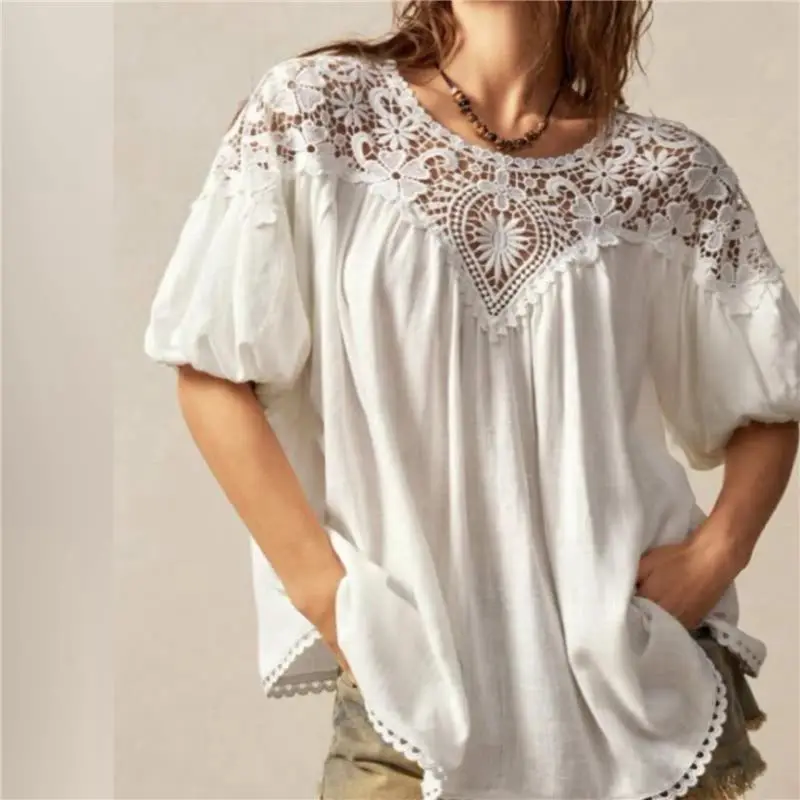 CYL-dames zomertops casual korte kapmouw ronde hals kanten rand dames T-shirts 2025, trendy