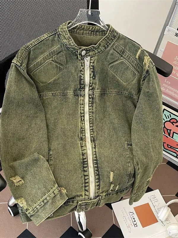 

Ретро-куртка из американского денима для мужчин, на молнии, с рваными элементами, молодежная, модная, приталенная, осенне-зимняя, из хлопка и полиэстера