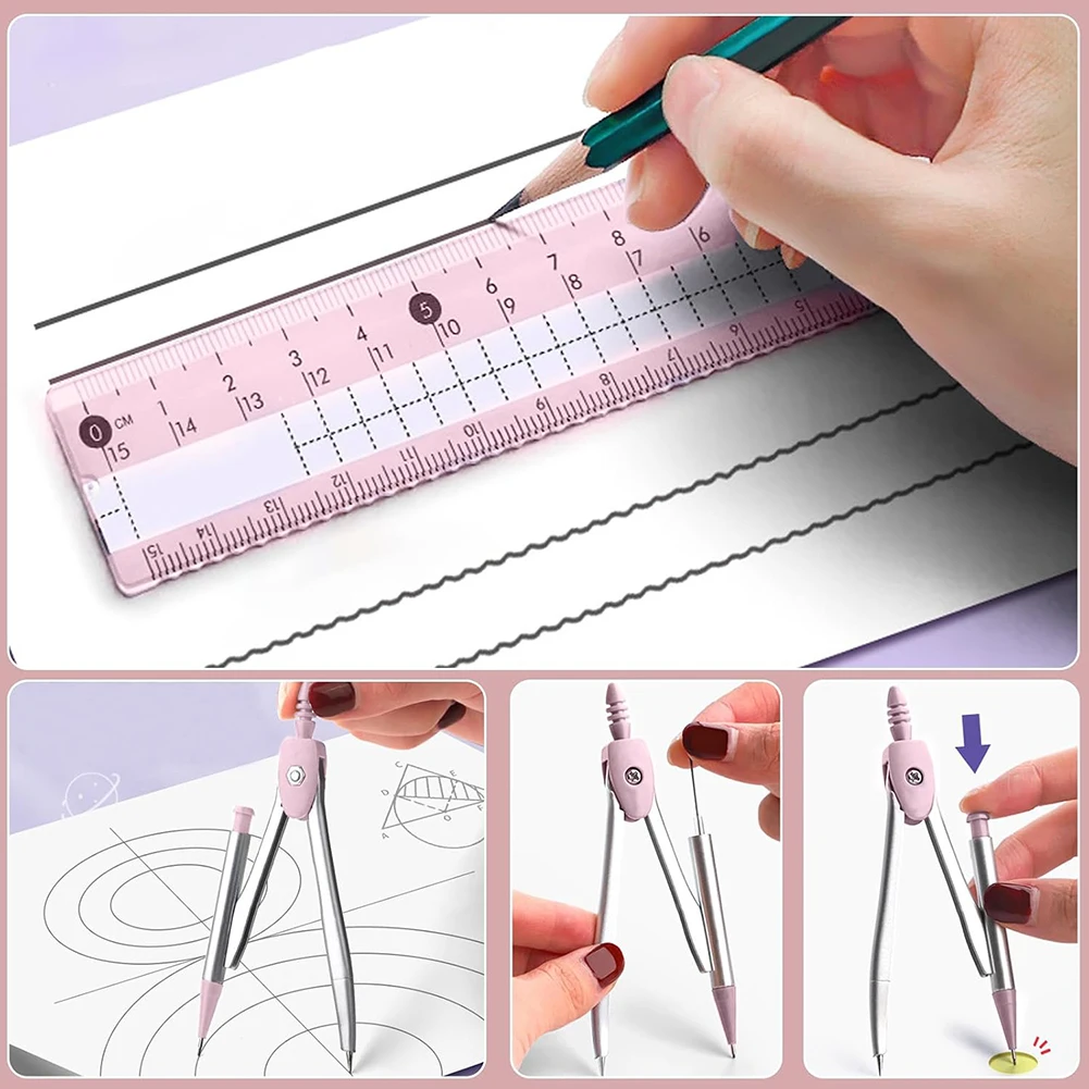 8PCS Maths Set Geometry Set For Secondary School Protractor-Compass Set Prevent Myopia Clear Dual Color For Students Supplies