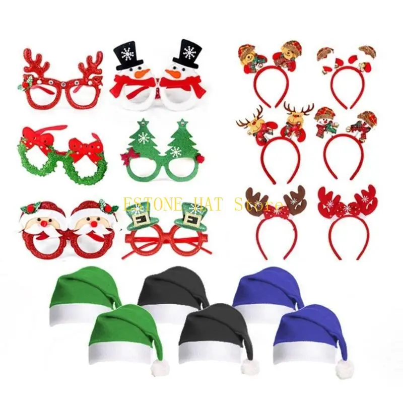 49MF Christmas Holiday Funny Glasses Frames Set for Kid Adult Including Christmas Hat Slap Bracelets and Christmas Headband