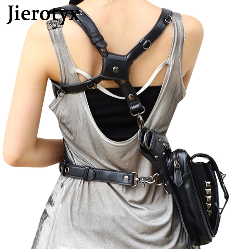 Jierotyx preto bolsa de cintura de couro para mulher steampunk retro rock gótico sacos de peito pacote feminino perna estilo vitoriano