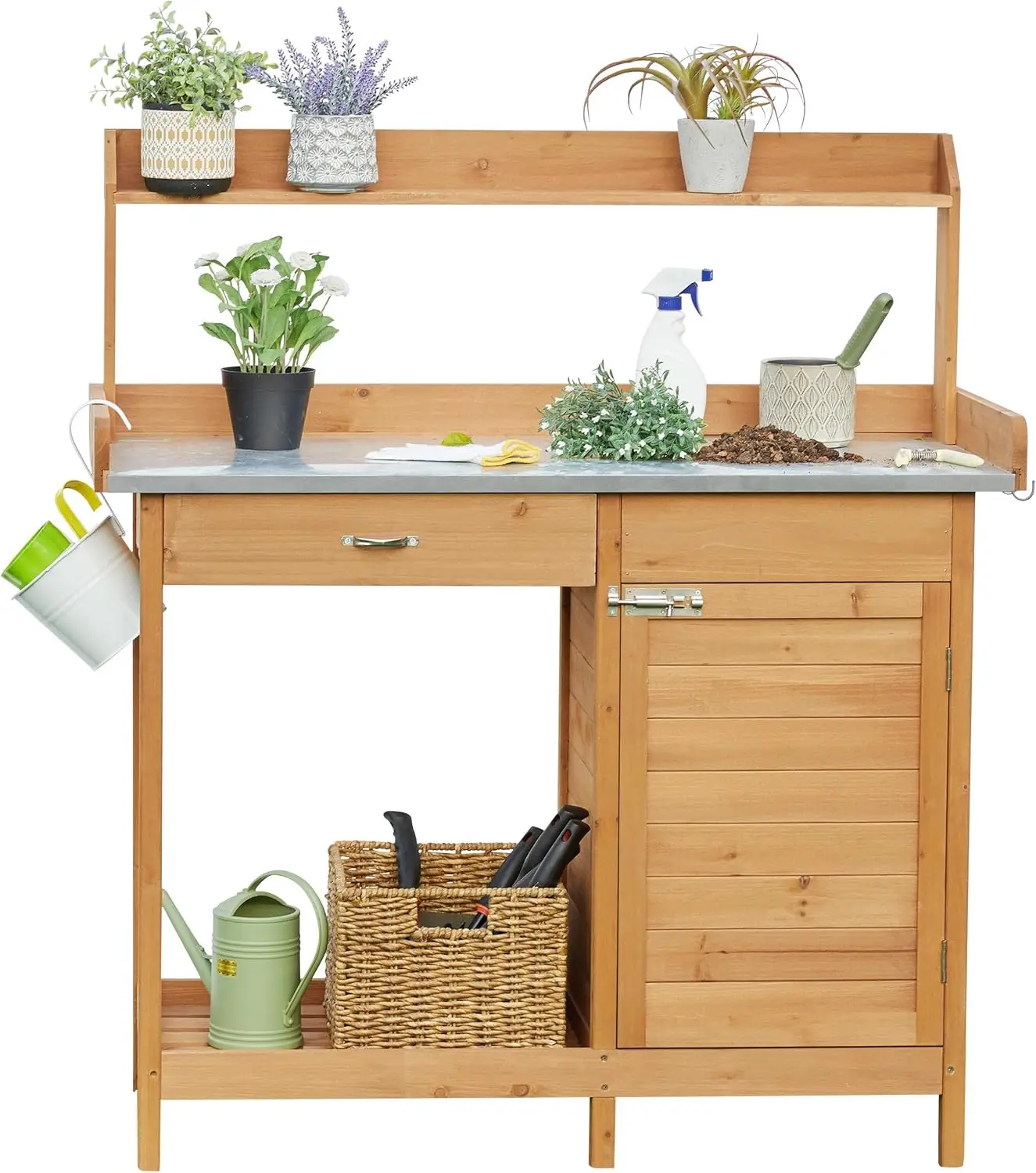 Modern Wooden Potting Bench Outdoor Potting Table With Metal Worktop And Storage Cabinet, Heavy Duty Garden Workstation Table Furniture For Patio Backyard Balcony, Natural Wood