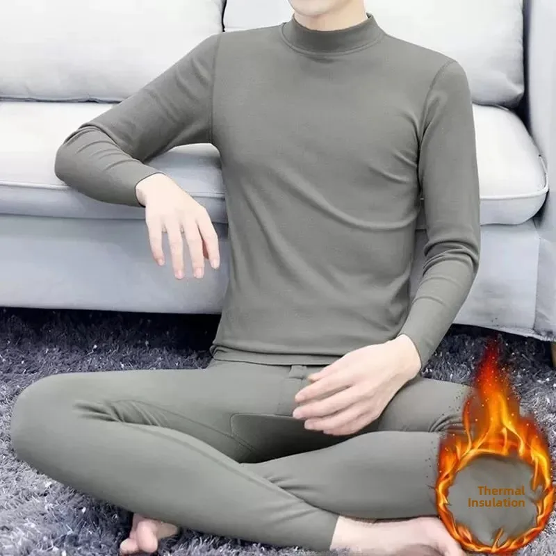 Men's Thermal Underwear Set Double-sided Fleece Thickened Half-high Collar Warm Winter Clothes Polyester Fabric Long Sleeve