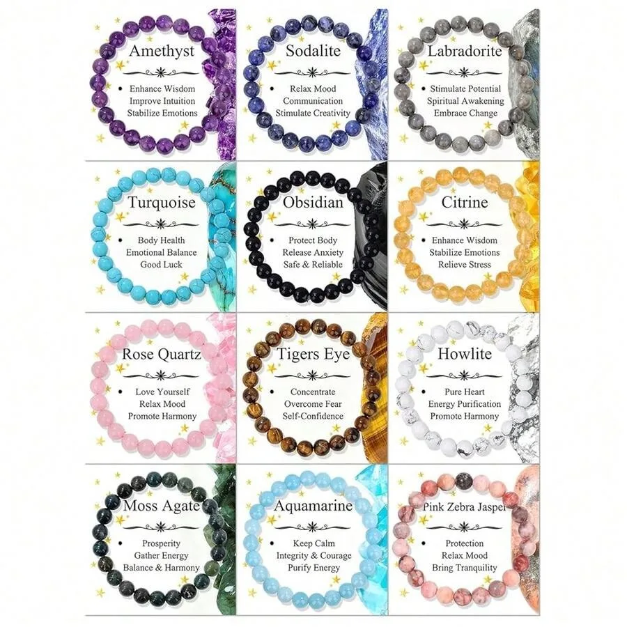 

12Pcs 8mm Natural Healing Crystal Bracelets For Women Men Semi-Precious Gemstone Beaded Bracelets Round Beads Gemstones Stretch