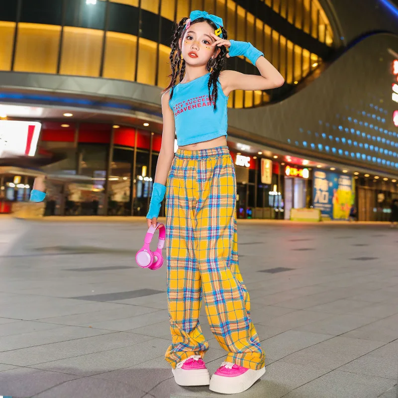 Girl Hip Hop Clothes Crop Top Yellow Plaid Cargo Pants Suit Girls\' Summer Stage Jazz Dance Spicy Girls\' Performance Clothes