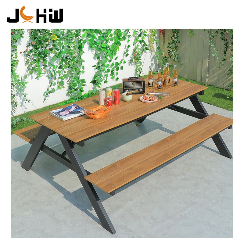 

Modern Wood-plastic Outdoor Seating Table with Bench Patio Garden Furniture Picnic Dining Table and Park Bench