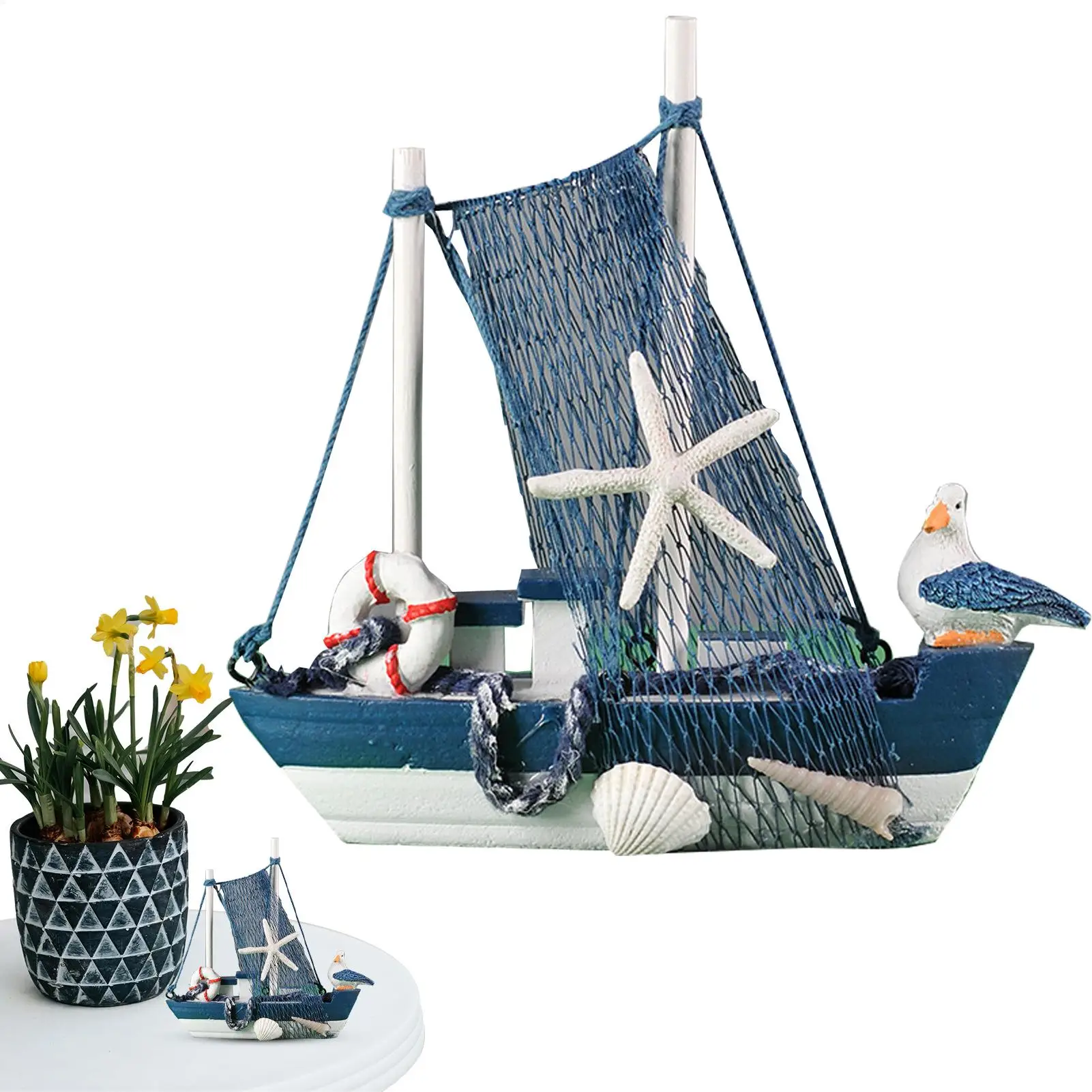 Wooden Sailing Boat Model Vintage Wooden Navy Blue White Cotton Cloth Sail Boat Decorations for Home Living Room Bedroom Office