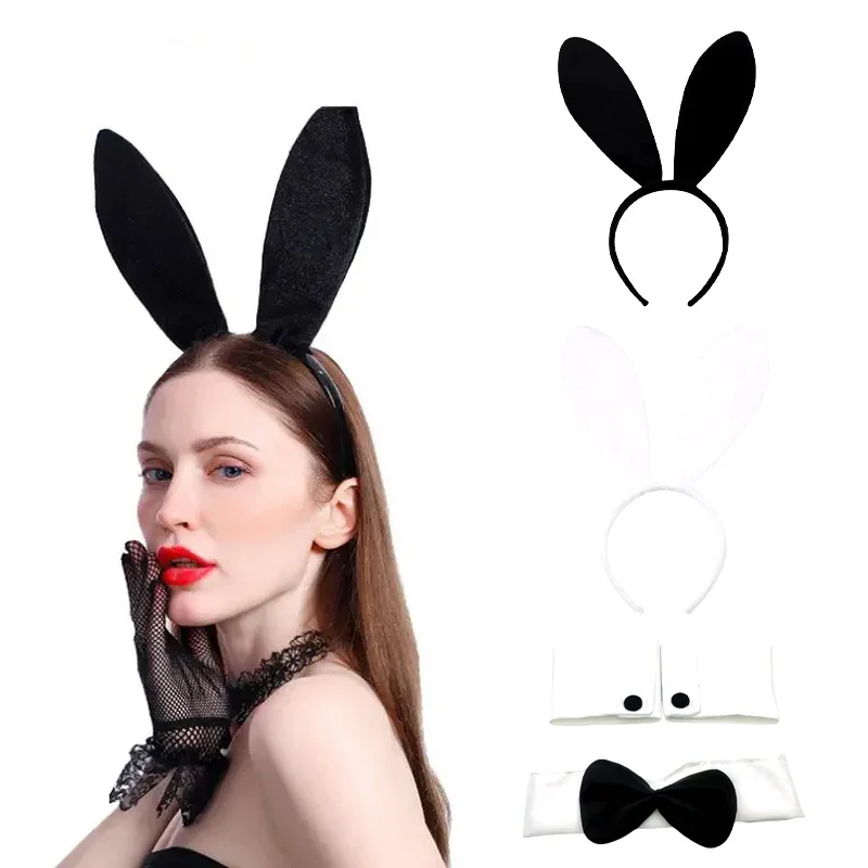Halloween Bunny Girl Dress-up Rabbit Ears Headband Tie Plush Ball Tail Party Costume Accessories Rabbit Ear Costume Headband Set
